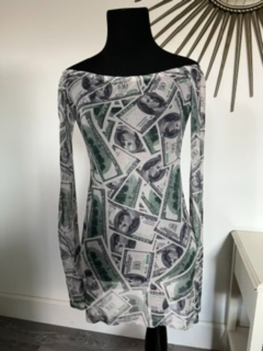 🧡3/15 Sheer Off-the-Shoulder Mini Dress US Dollar Bill Money Print Women's L